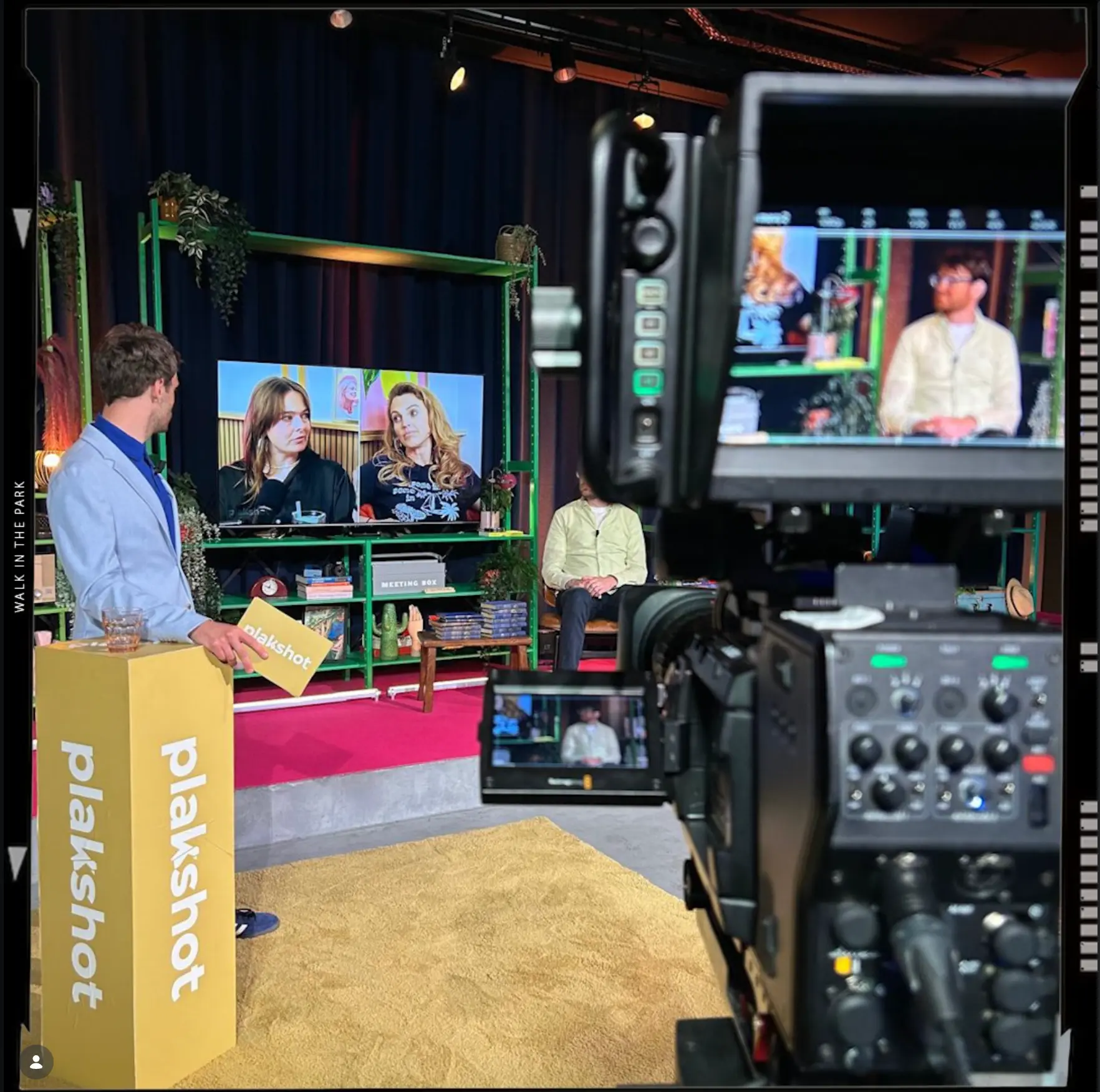 Multicamera shoot on a green talkshow studio set